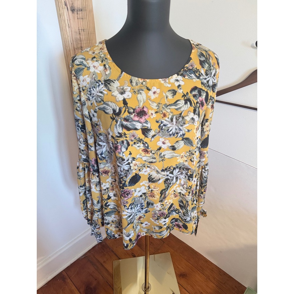 Rose + Olive‎ Floral Tie Sleeve Blouse Mustard Yellow Boho Peasant Top Medium